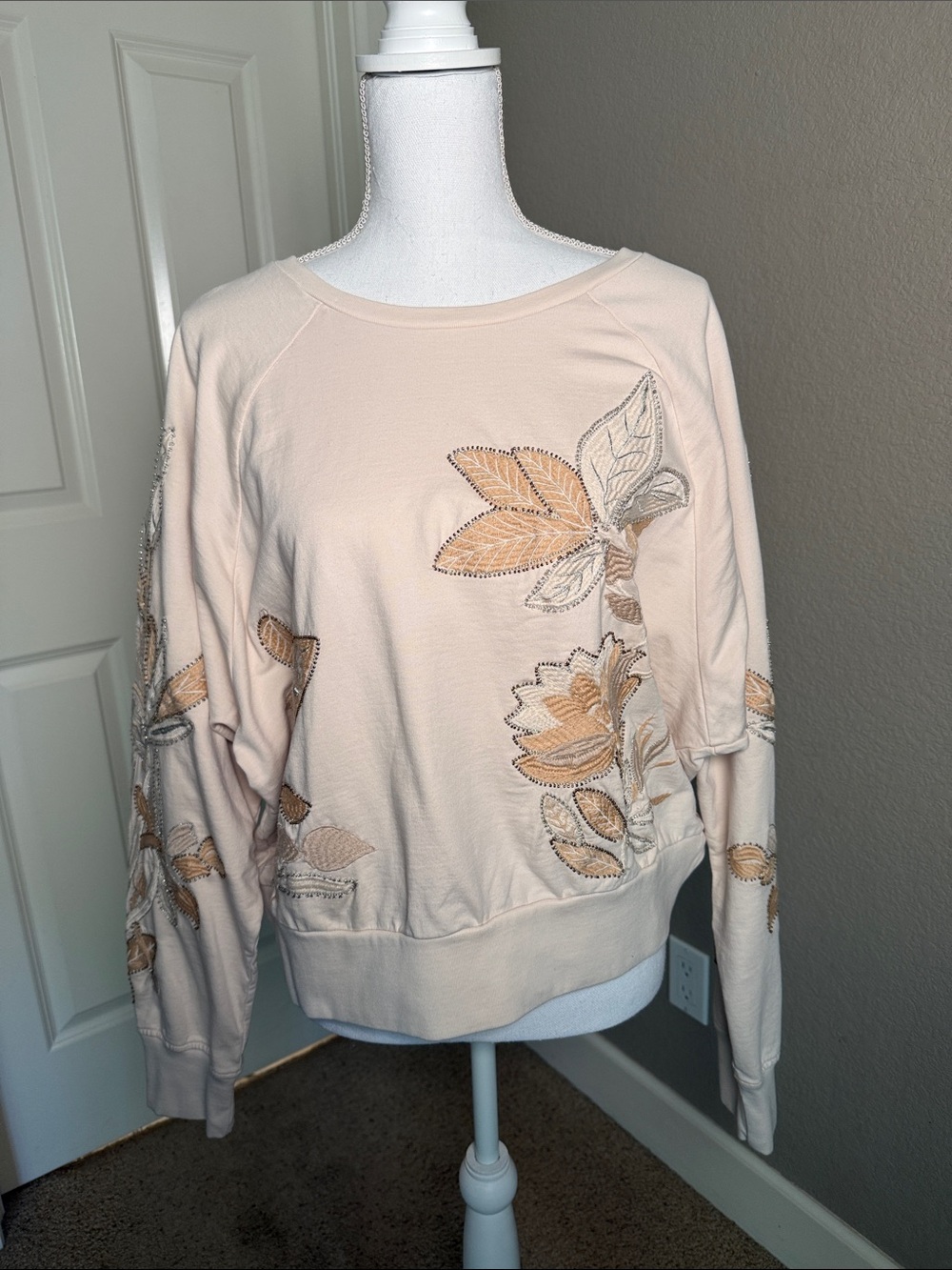 Anthropologie Cream Embroidered Leaf Sweatshirt